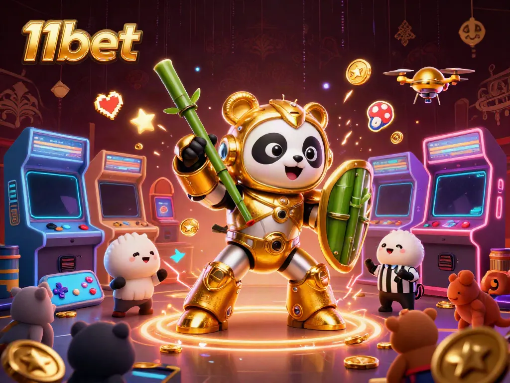Experience the excitement of 11bet with a vibrant 3D casino illustration featuring a mech-suit panda!