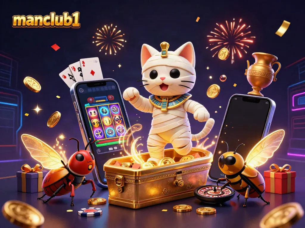Engage with thrilling slots at manclub1, featuring a dynamic Egyptian mummy cat in a vibrant casino scene.