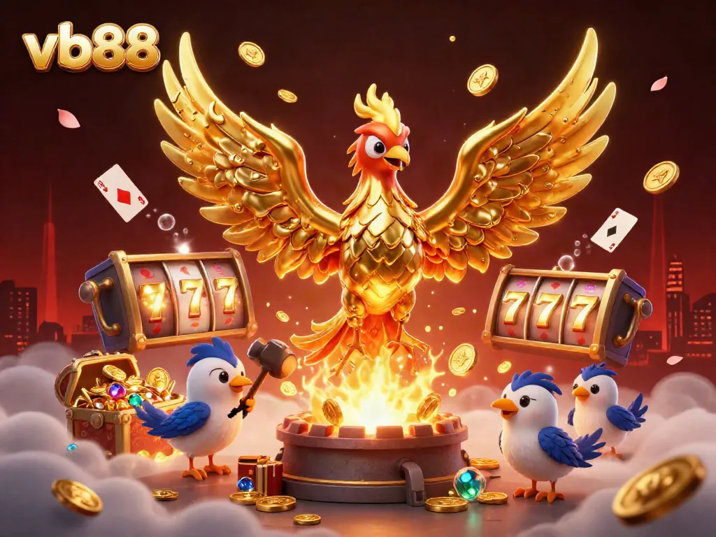 Win huge jackpots at vb88 with a dynamic scene of a molten golden phoenix and magical casino elements.
