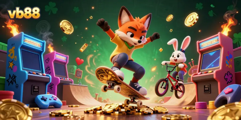 Experience excitement at vb88 with a vibrant scene of 3D cartoon characters enjoying casino games amidst dynamic visuals.