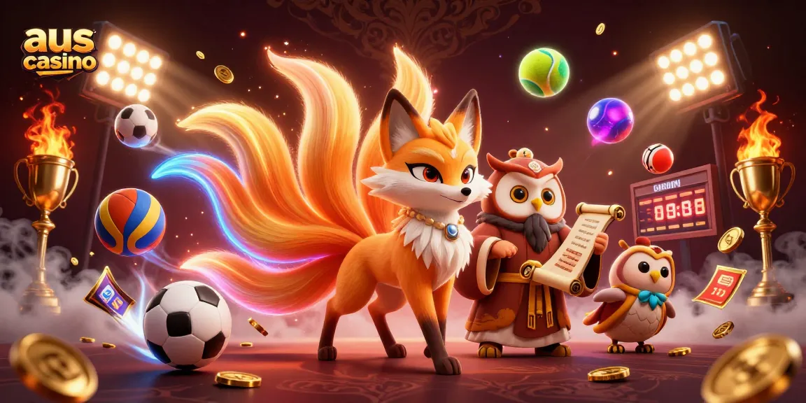 Join the action at aus casino with a vibrant 3D scene of a fox spirit and an owl sage.