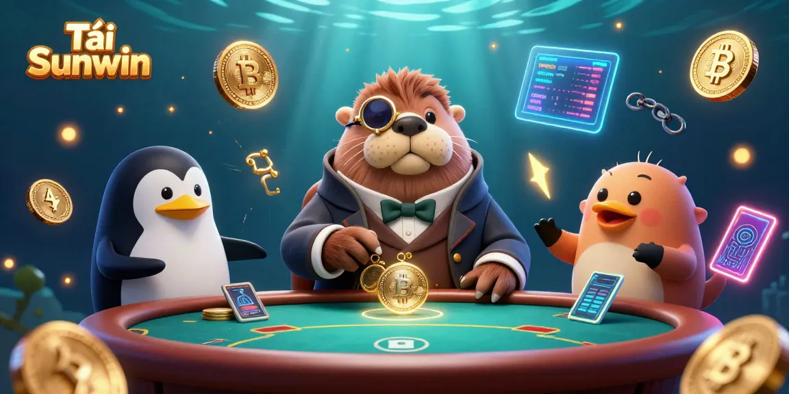 Immerse in Tải Sunwin's gaming world with jolly walrus and penguin dealer at a vibrant poker table.