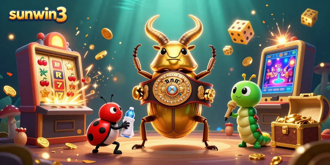 Experience the excitement of sunwin3 with a giant beetle champion amidst explosive casino symbols and vibrant visuals.
