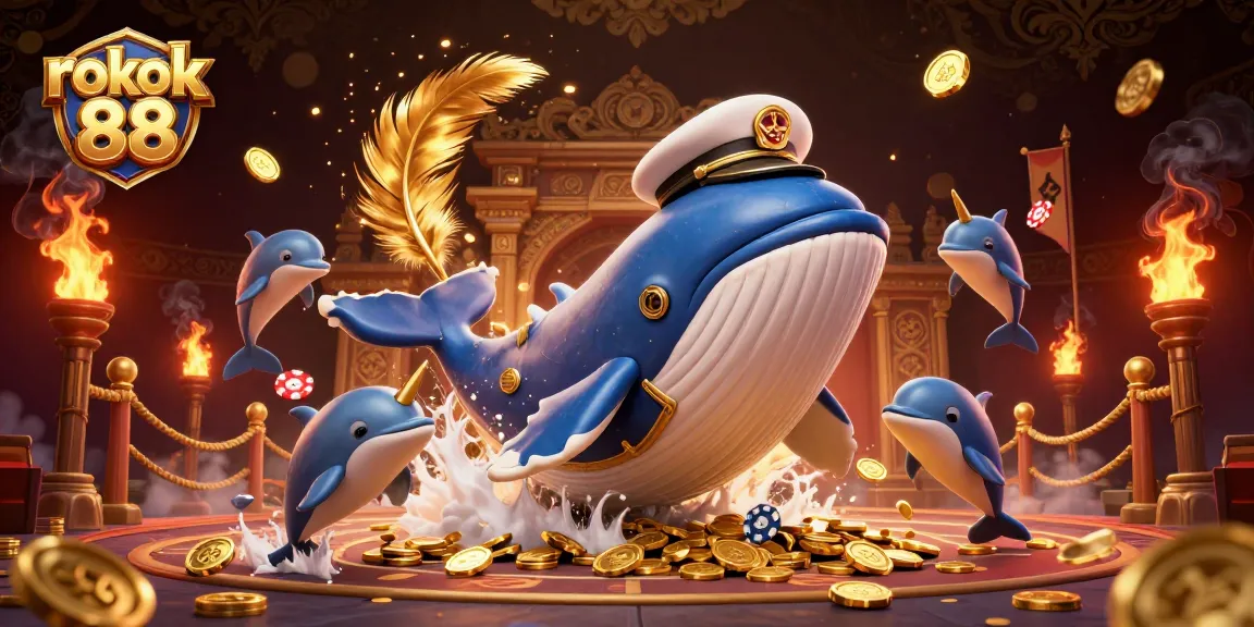 Experience the thrilling rokok 88 gaming atmosphere with a cartoon whale and playful dolphins amidst golden coins.