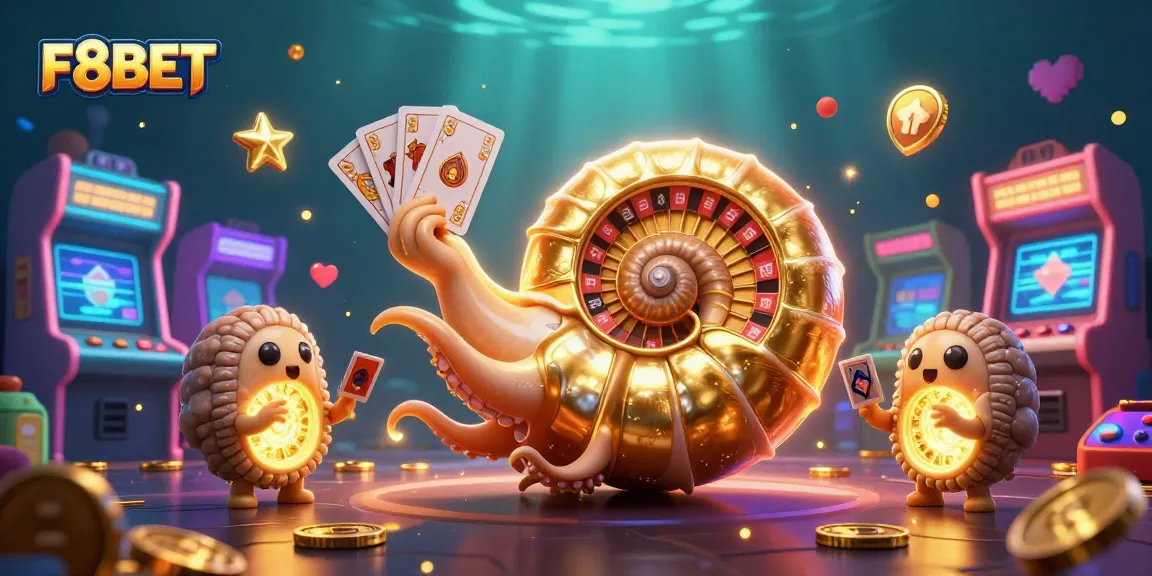 Spin with F8BET's vibrant 3D gambling illustration, featuring a golden nautilus roulette and luminous companions.