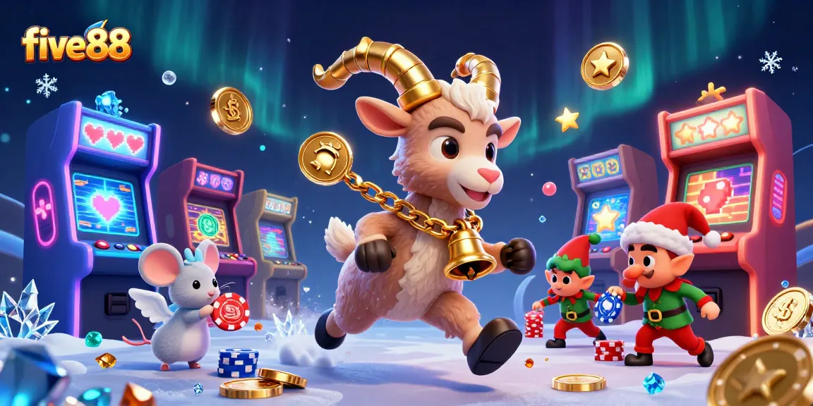 Experience five88's vibrant casino scene with Krampus and mischievous elves amidst dazzling gaming elements.