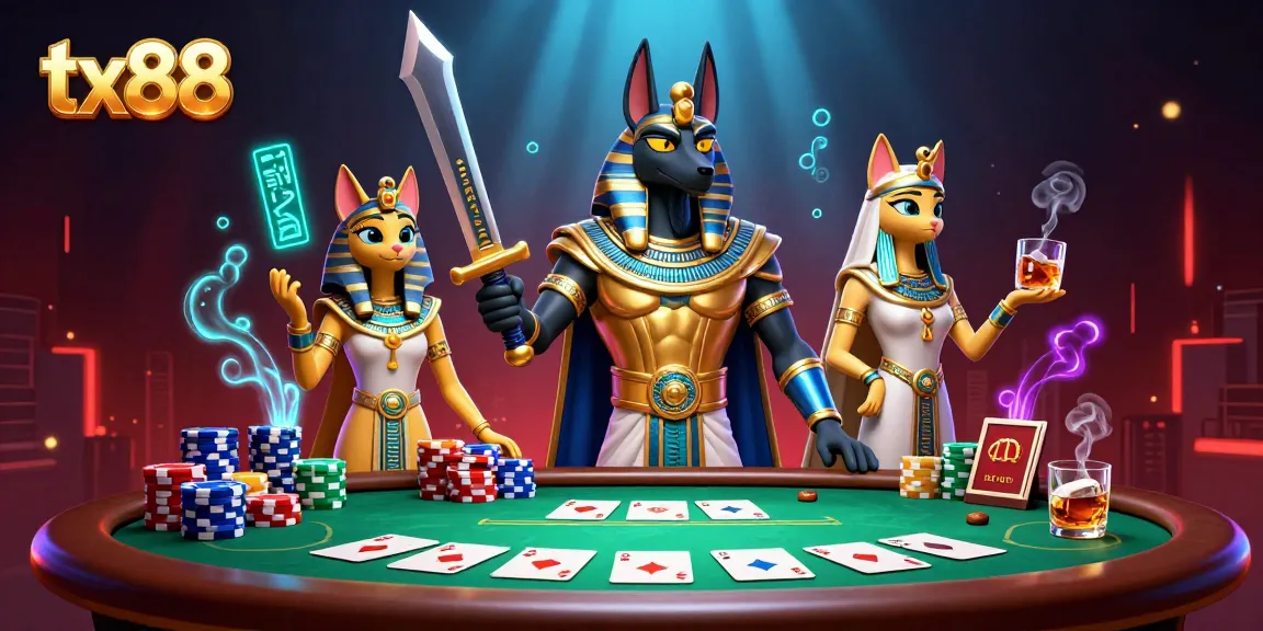 Experience thrilling poker action at tx88 with Anubis and Bastet in a vibrant casino scene.