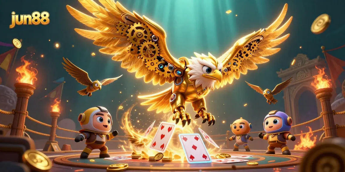 Engage with thrilling games at jun88 featuring the cybernetic golden eagle soaring through holographic cards.