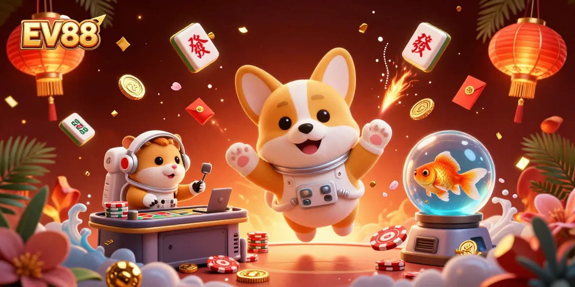 Experience exciting EV88 casino action with a floating corgi and vibrant game elements.