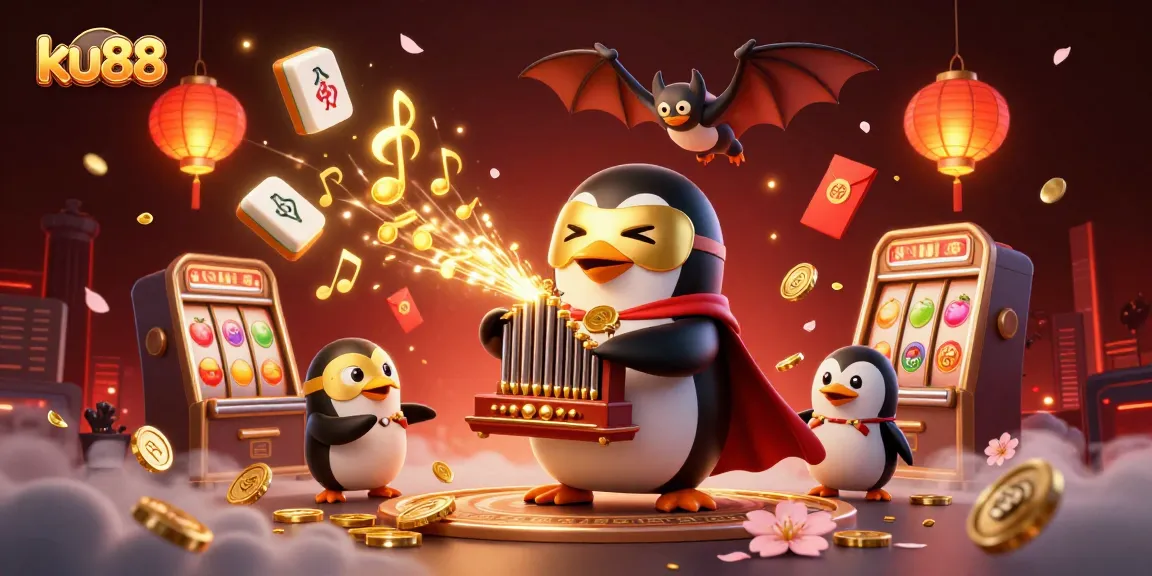 ku88, a vibrant casino scene featuring a phantom penguin and festive elements