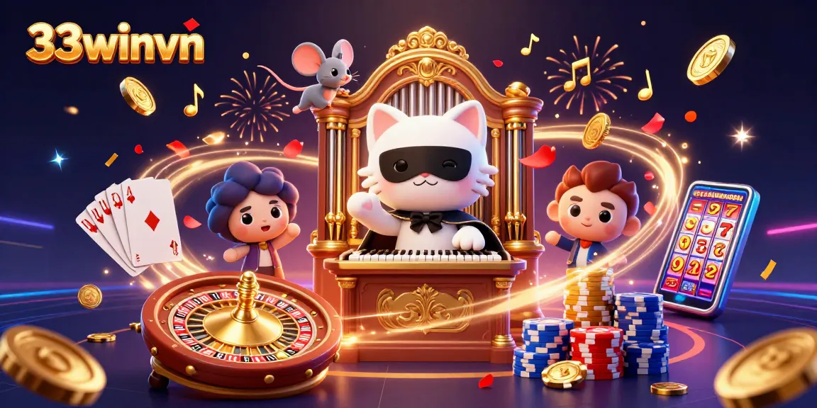 Experience the excitement of 33winvn with a 3D casino-themed illustration filled with vibrant characters, gold coins, and dynamic game elements.
