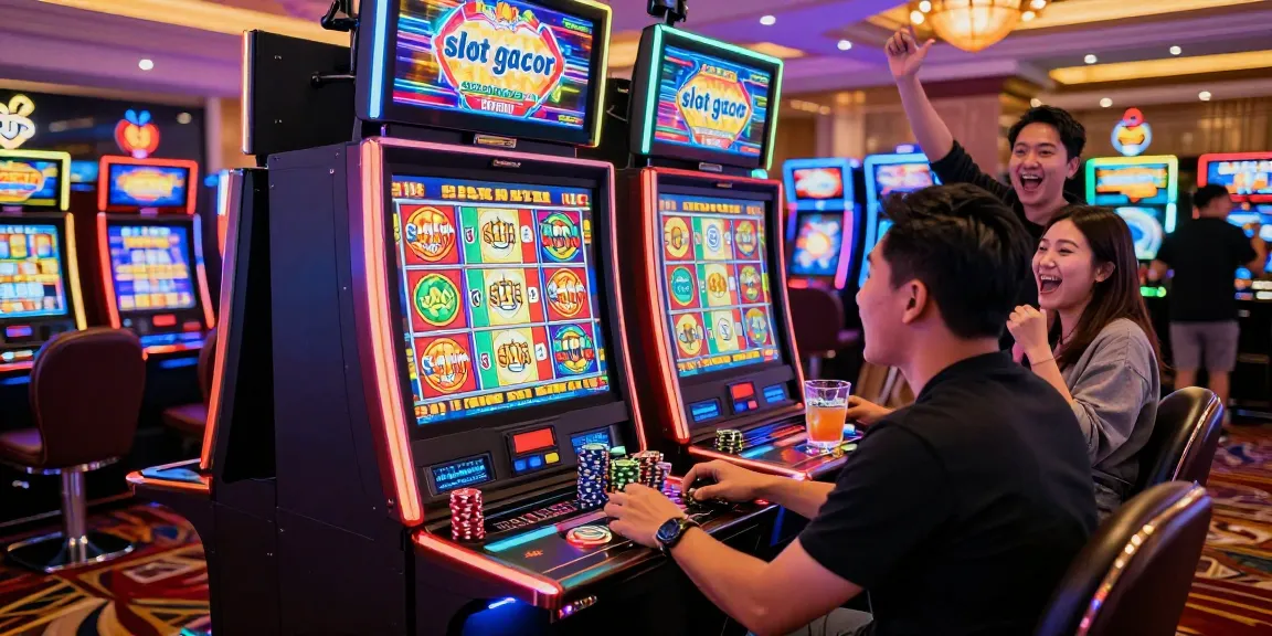 Exciting casino scene with player at slot gacor machine, vibrant atmosphere.