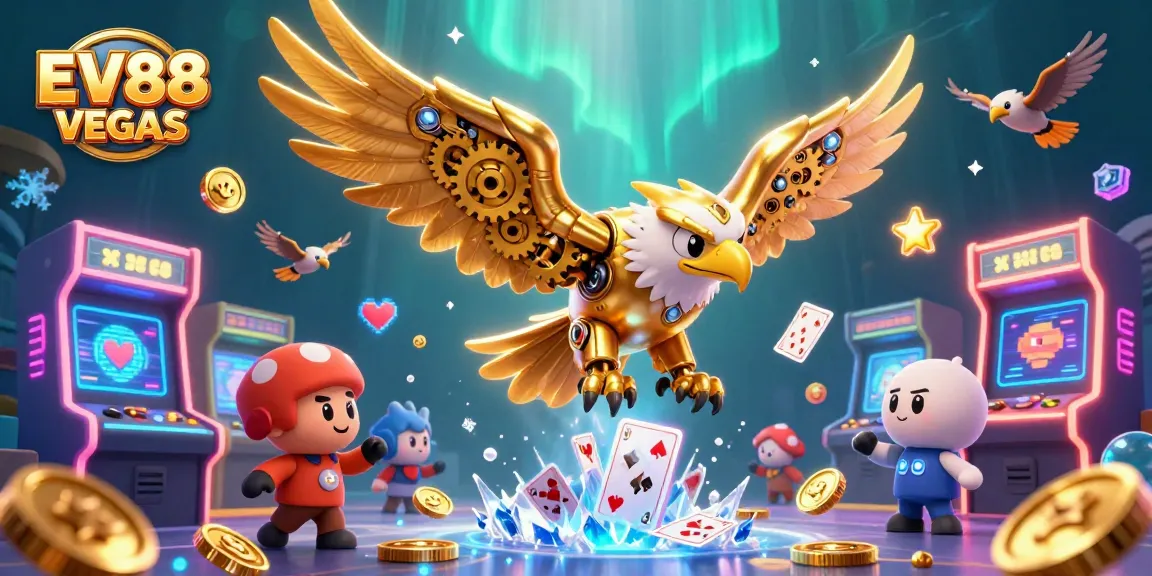 Engage in thrilling gaming at EV88 VEGAS with a dynamic illustration of a cybernetic eagle amidst vibrant casino elements.