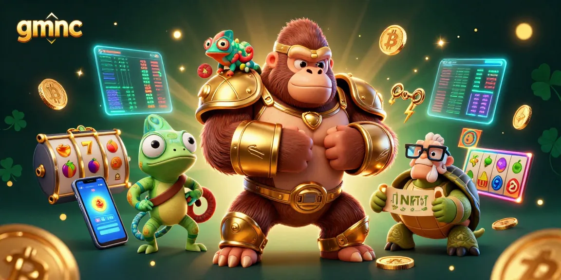 Engage with gmnc's dynamic gambling world featuring a powerful gorilla king, vibrant cryptocurrency elements, and colorful slot symbols.