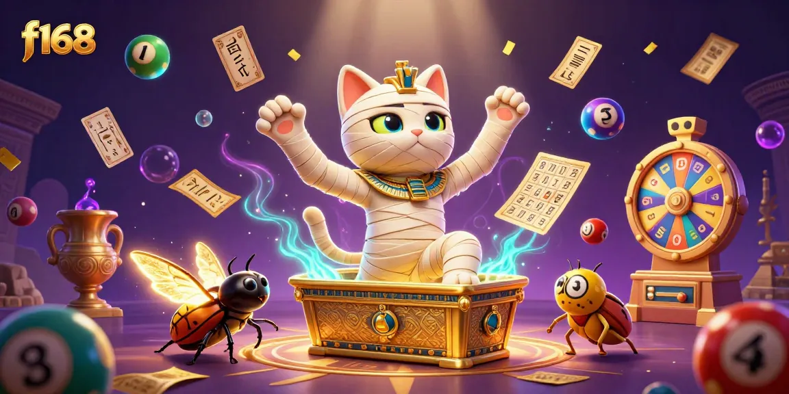 Engage with the vibrant f168 experience featuring an Egyptian mummy cat and exciting casino elements.