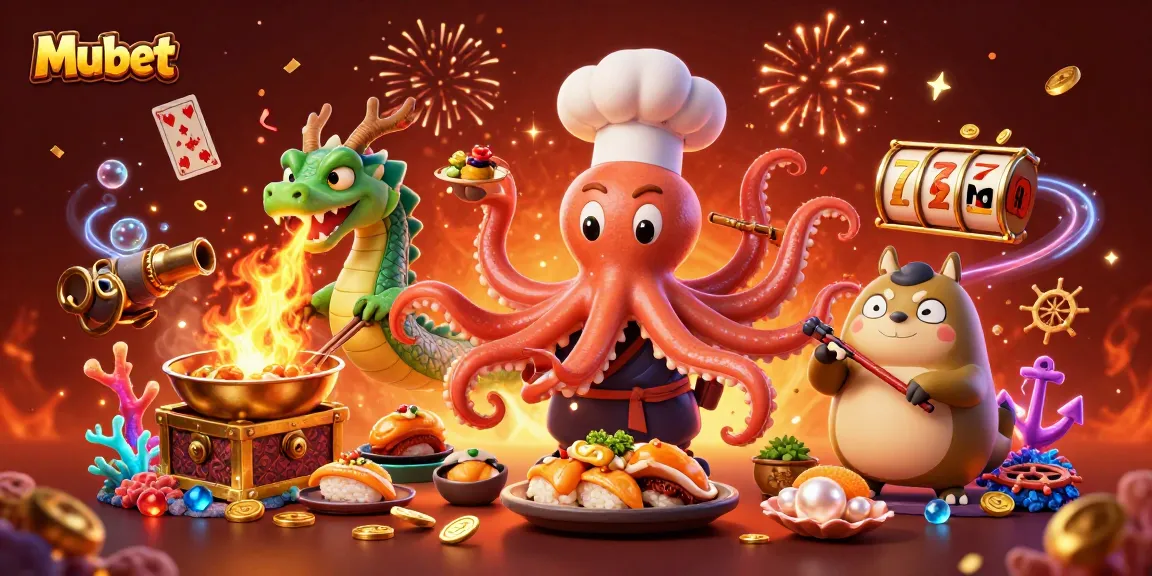 Mubet players enjoy a vibrant 3D casino scene with an octopus chef and dragon, revealing golden winnings.