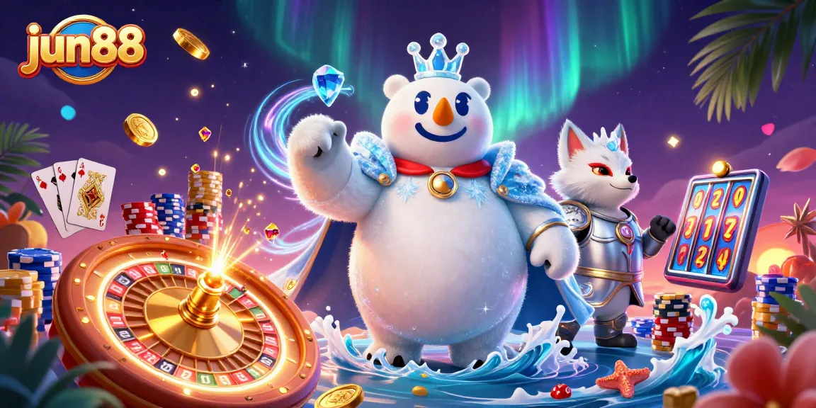 Experience the enchanting world of jun88 with vibrant casino elements and 3D cartoon characters.